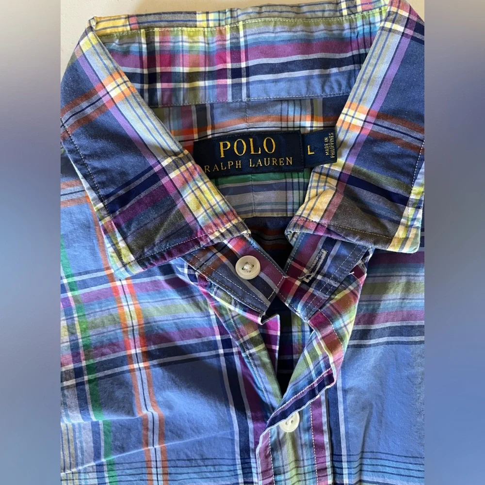 Men’s Polo Ralph Lauren Pastel Plaid Long Sleeve Button down shirt neon pony L